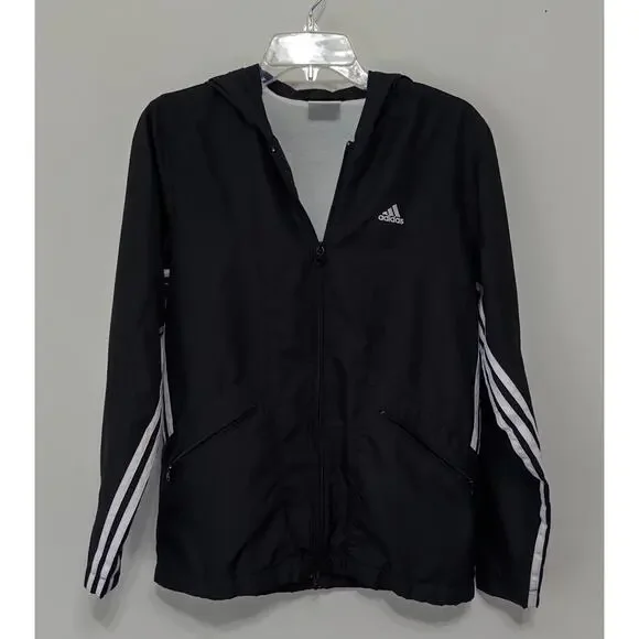 Adidas Mens 3 stripe hoodie track jacket sz S Run black windbreaker full zip - Picture 1 of 6
